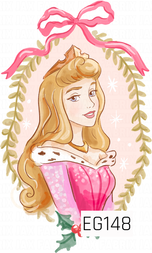 A dreamy storybook princess design featuring a golden-haired princess in a sparkling pink gown, framed with soft greenery and topped with a flowing pink bow.
