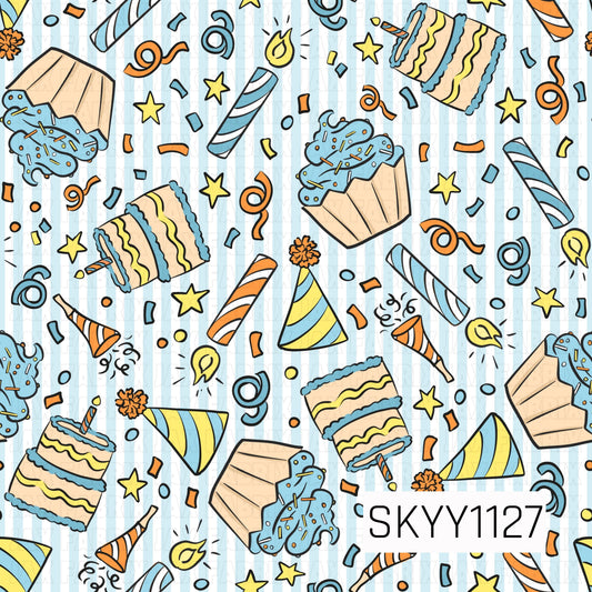 A playful birthday celebration seamless pattern filled with frosted cupcakes, layered cakes, party hats, confetti, streamers, stars, party horns, and glowing candles. Bright blue, orange, yellow, and soft cream tones create a cheerful, fun-filled party design.
