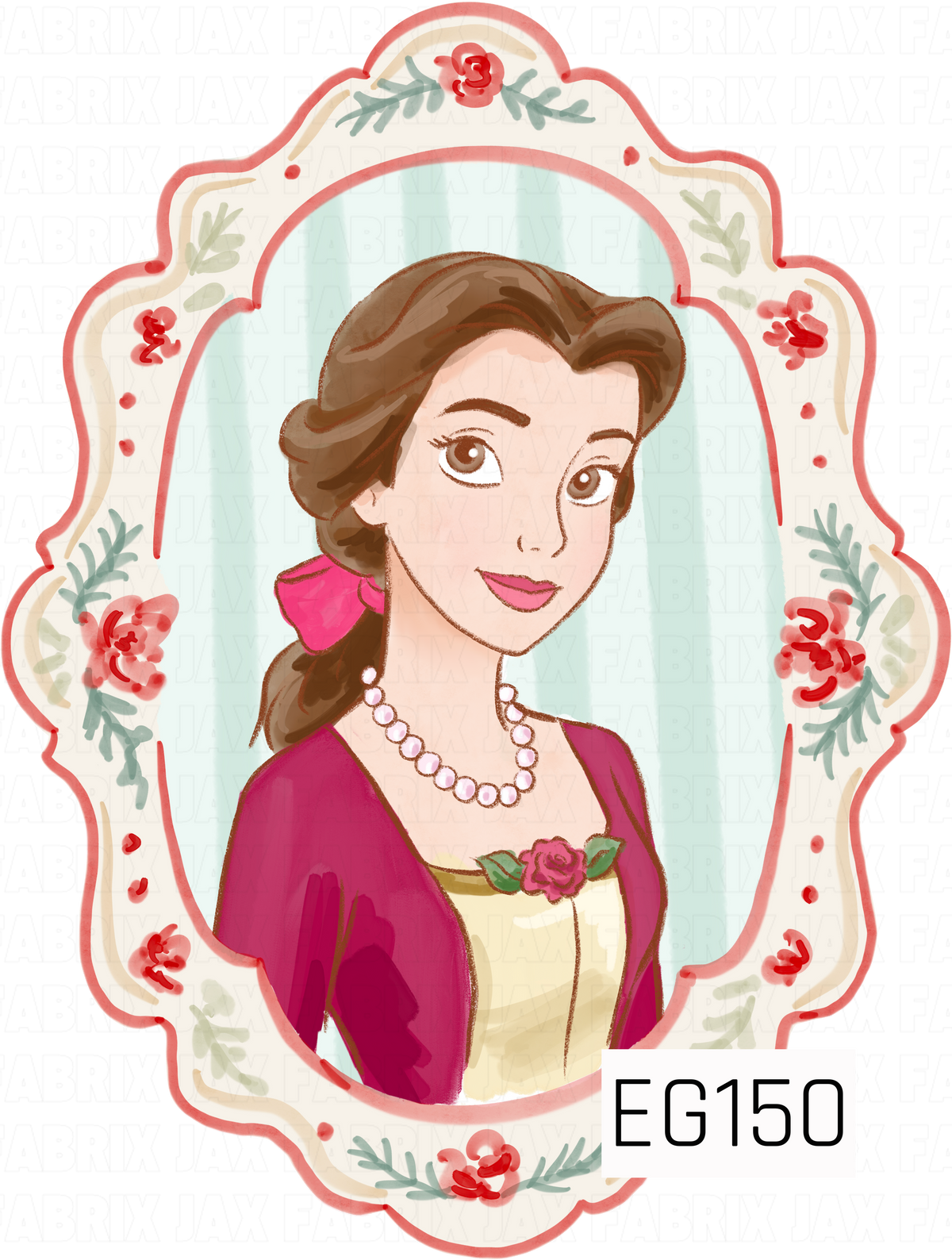 A charming storybook princess design featuring a brunette princess in a pink and cream gown, surrounded by a delicate vintage floral frame with red roses and greenery.
