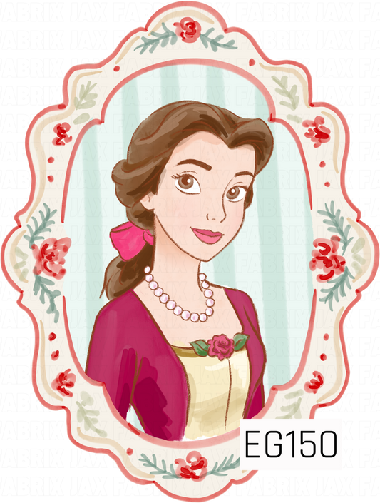 A charming storybook princess design featuring a brunette princess in a pink and cream gown, surrounded by a delicate vintage floral frame with red roses and greenery.
