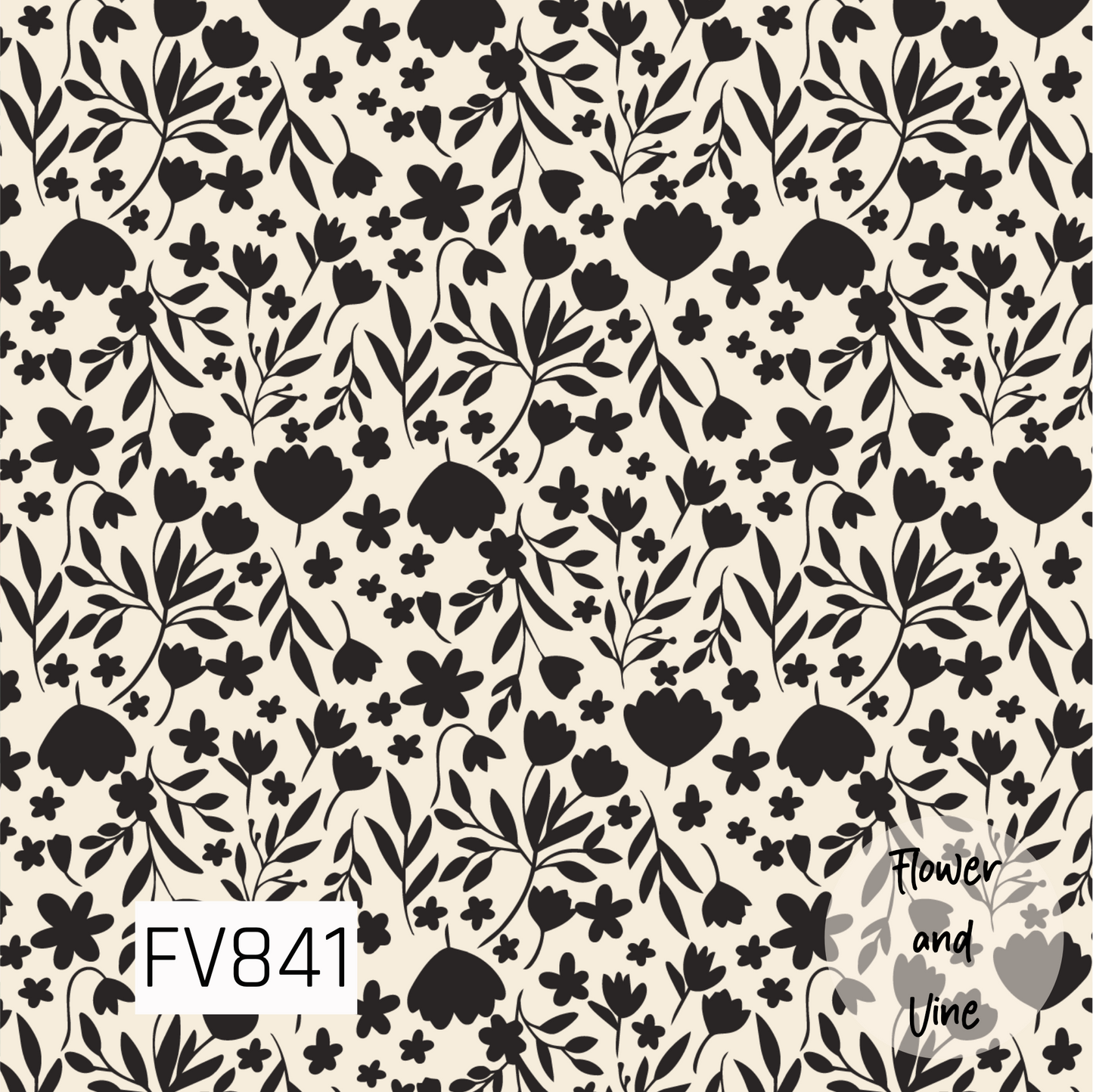 A bold floral print featuring black flowers, leafy branches, and delicate botanical sprigs scattered across a warm cream background. The high-contrast silhouette style gives the design a modern yet whimsical feel, with a charming vintage-inspired touch.
