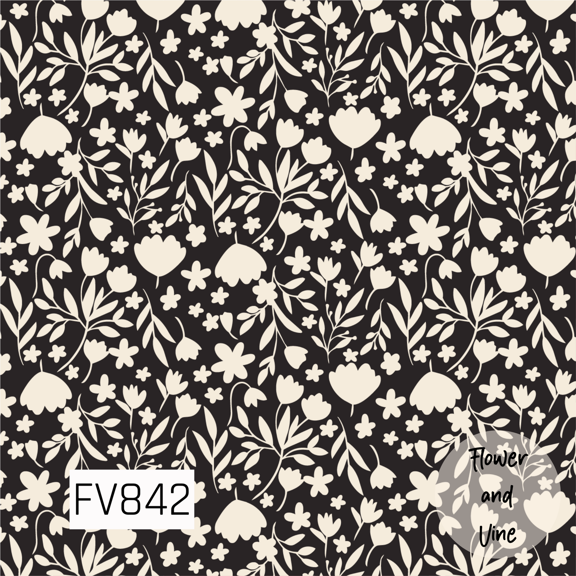 A charming floral print featuring an assortment of cream-colored flowers, leafy sprigs, and delicate stems scattered across a rich black background. The simple silhouette-style florals create a bold contrast while keeping the design soft, whimsical, and timeless.
