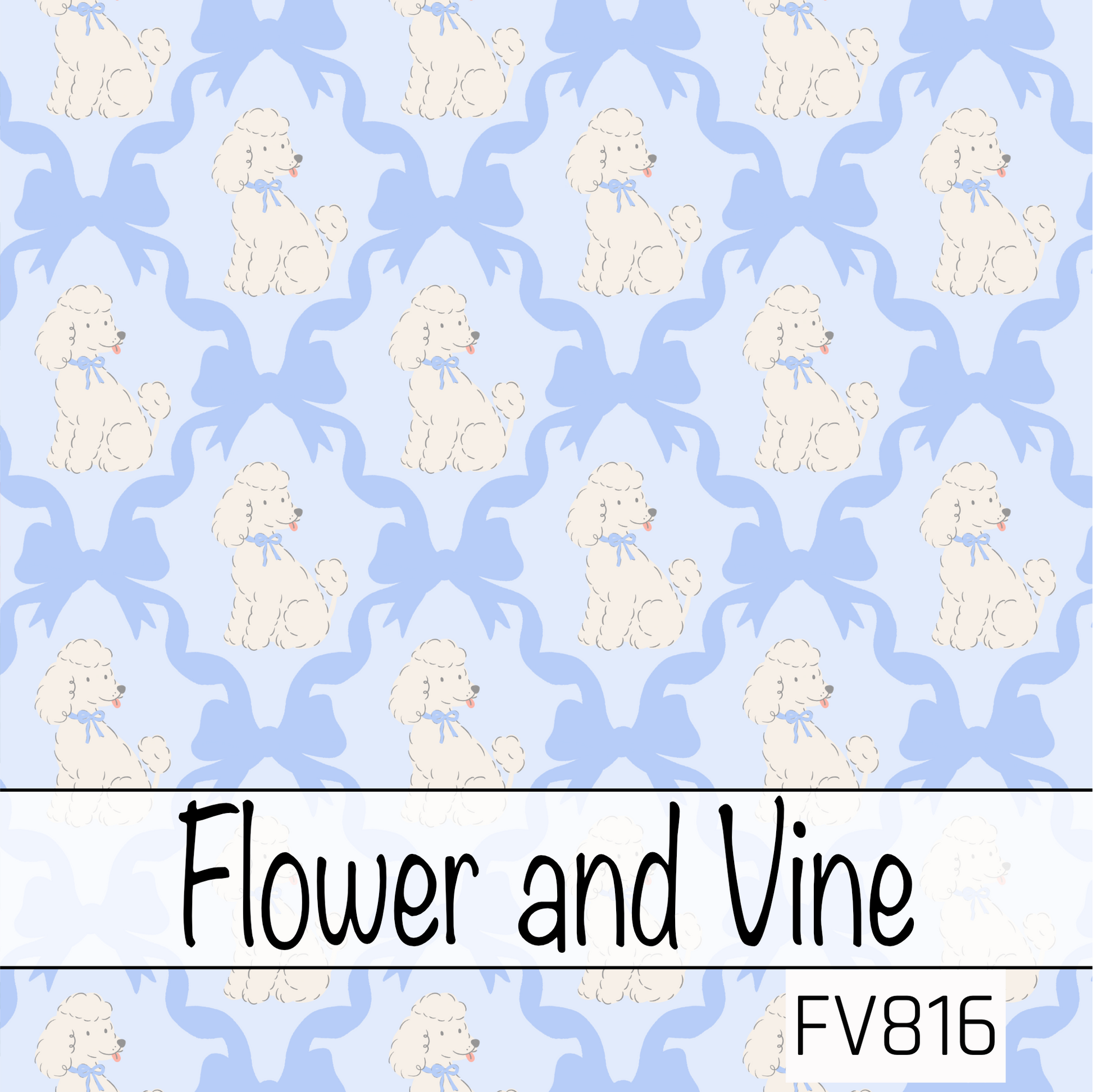 A charming seamless pattern featuring fluffy white poodles paired with oversized powder blue bows on a soft blue background. The playful bow lattice creates a sweet, preppy look, making this design both timeless and elegant.
