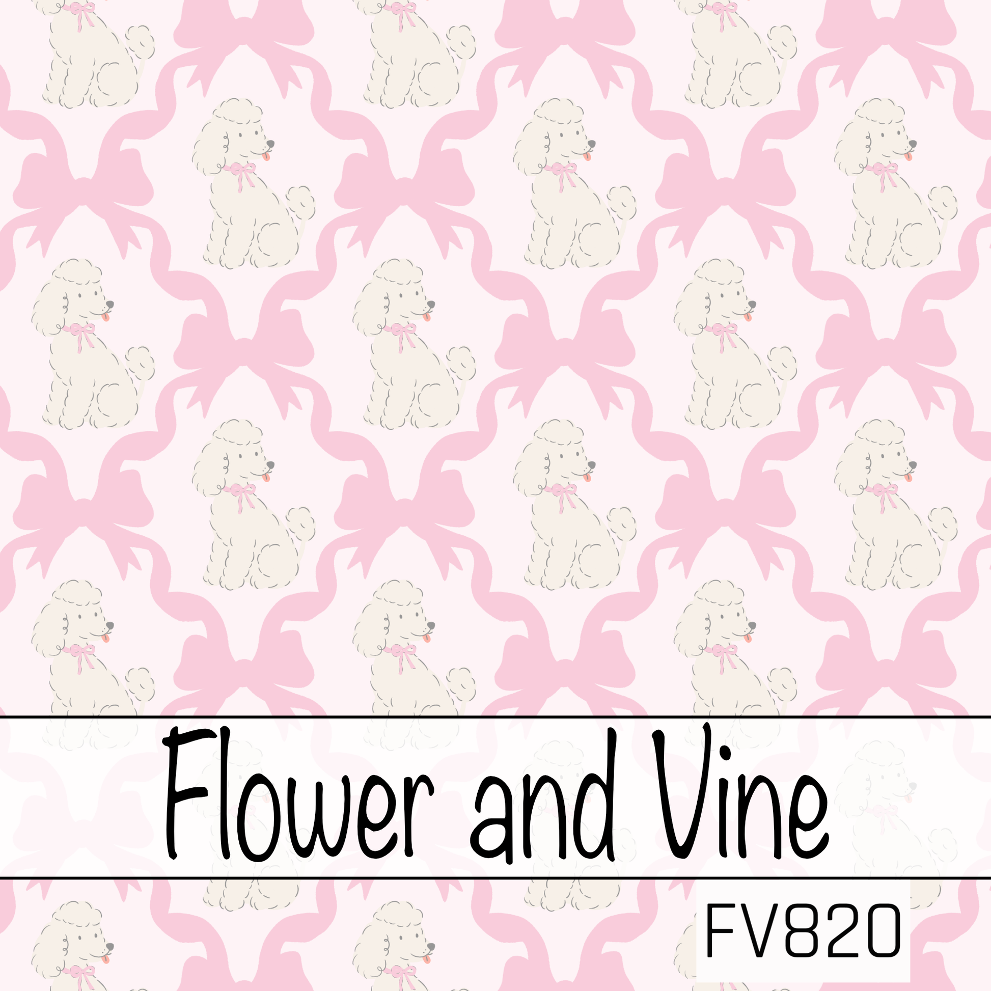 A charming seamless pattern featuring fluffy white poodles paired with oversized pink bow silhouettes on a soft blush background. The sweet, feminine design blends playful pups with classic bows for a timeless boutique-inspired look.
