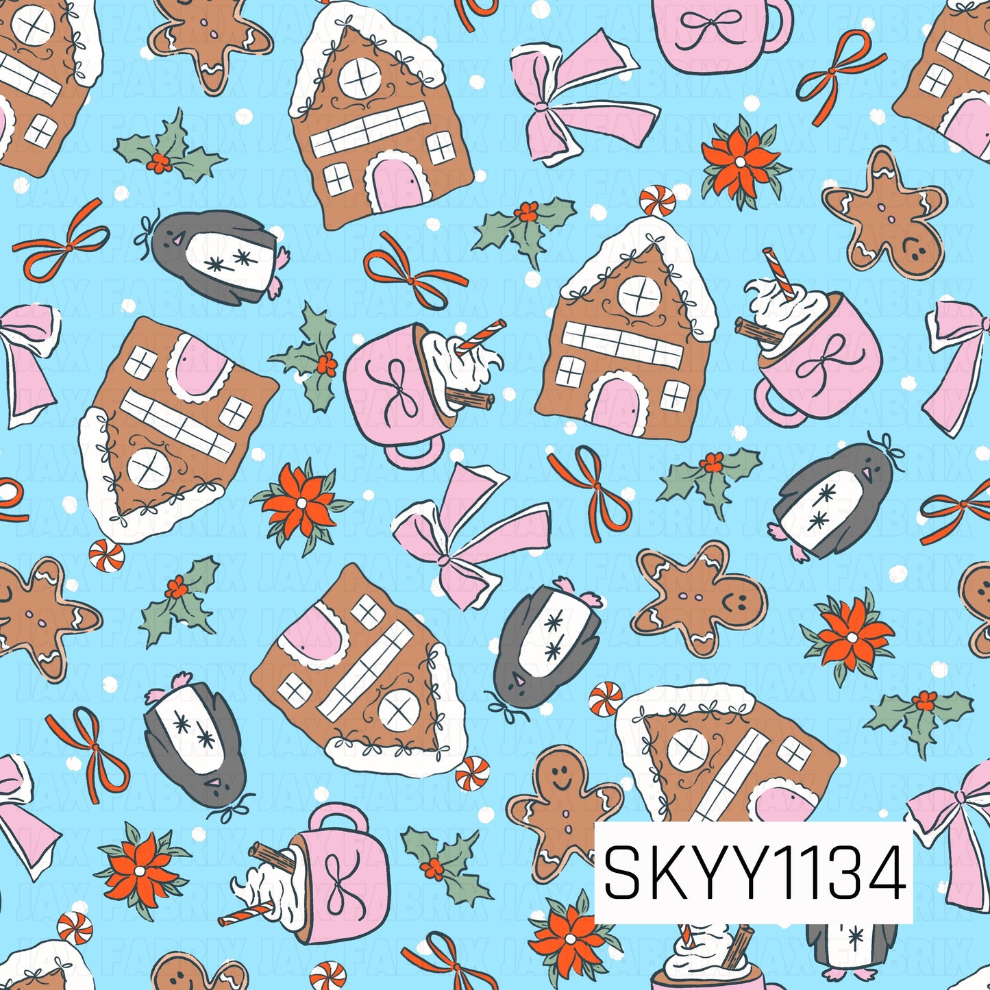 A playful Christmas pattern featuring gingerbread houses and cookies, bundled-up penguins, pink mugs topped with whipped cream, oversized bows, holly sprigs, poinsettias, peppermint candies, and scattered snowflakes. A bright aqua blue background paired with pink, red, brown, and soft green gives this festive design a fun, whimsical holiday feel.
