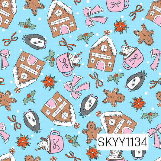 A playful Christmas pattern featuring gingerbread houses and cookies, bundled-up penguins, pink mugs topped with whipped cream, oversized bows, holly sprigs, poinsettias, peppermint candies, and scattered snowflakes. A bright aqua blue background paired with pink, red, brown, and soft green gives this festive design a fun, whimsical holiday feel.

