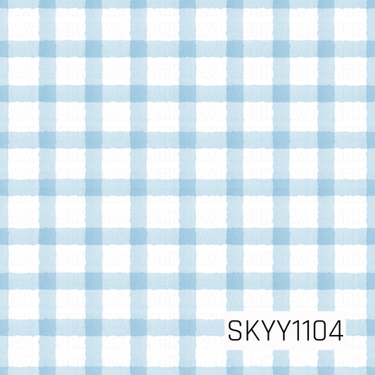 A classic watercolor gingham featuring soft sky blue checks on a crisp white background. The hand-painted texture gives this timeless plaid a light, fresh, and charming look.
