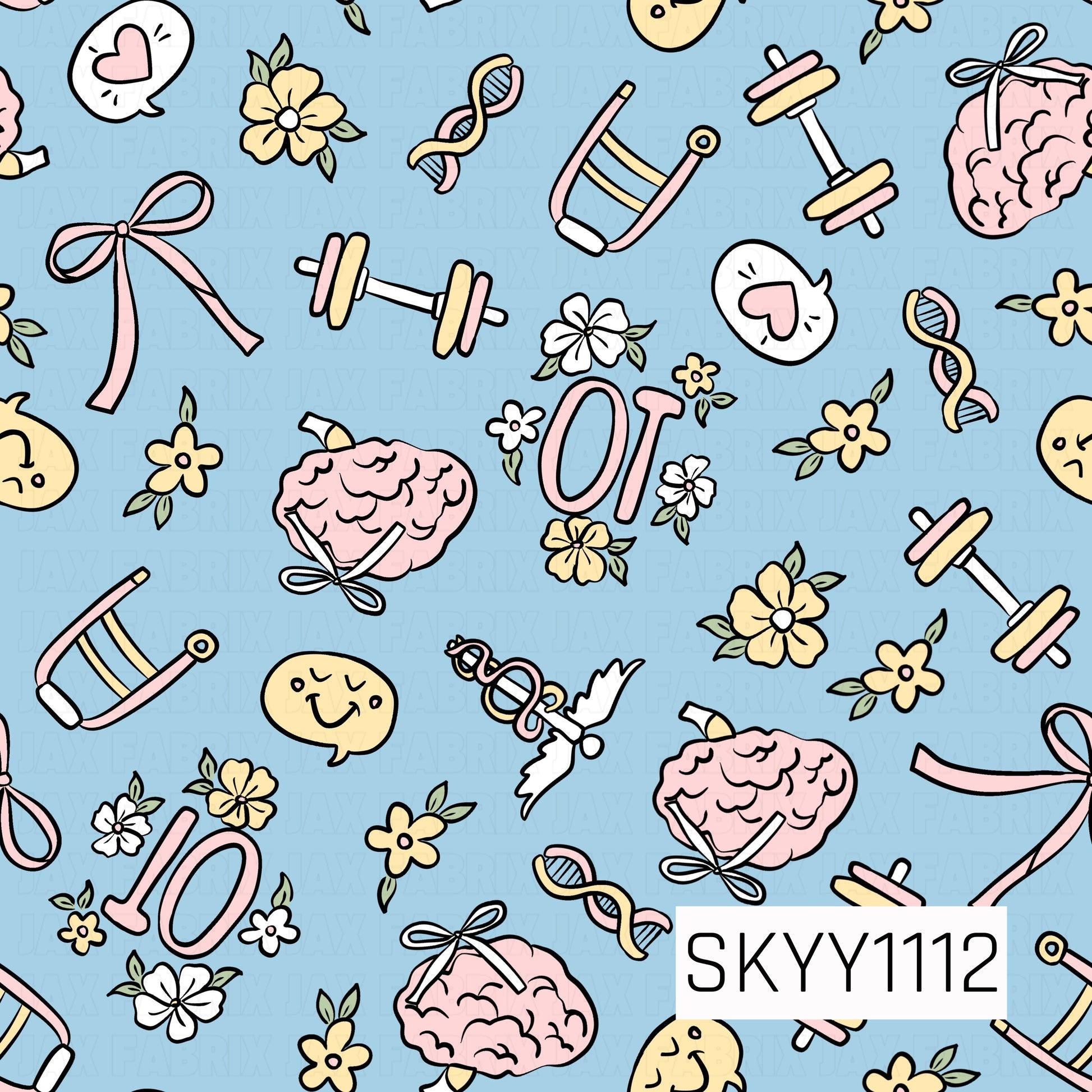 A playful occupational therapy pattern featuring bows, brains, dumbbells, DNA strands, speech bubbles, flowers, therapy swings, and milestone numbers on a soft blue background. Pastel pink, yellow, and blue accents create a fun, encouraging design.
