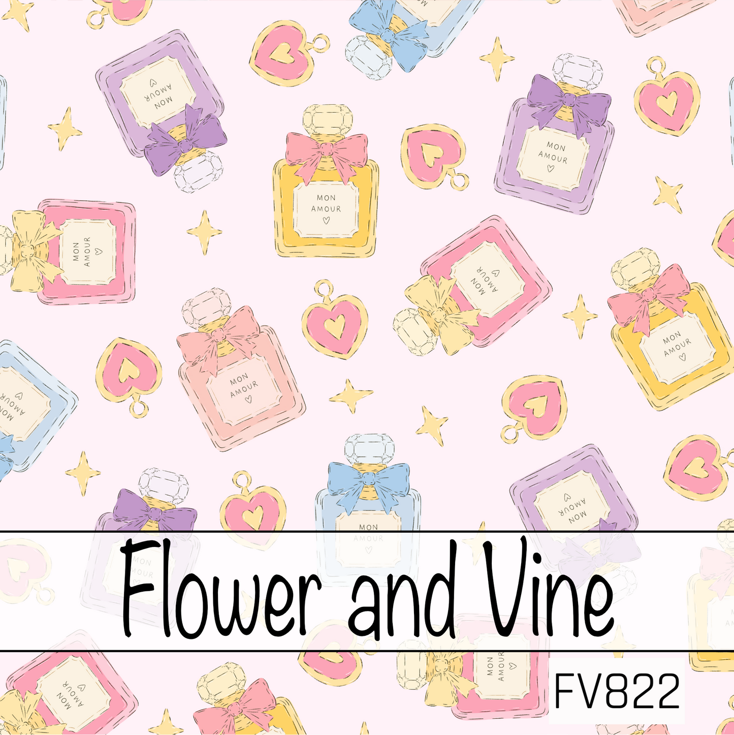 A sweet and whimsical pattern featuring pastel perfume bottles adorned with dainty bows, scattered alongside heart charms and sparkling stars on a soft blush pink background. The playful mix of pink, lavender, blue, and buttery yellow creates a charming, feminine design with a touch of vintage elegance.
