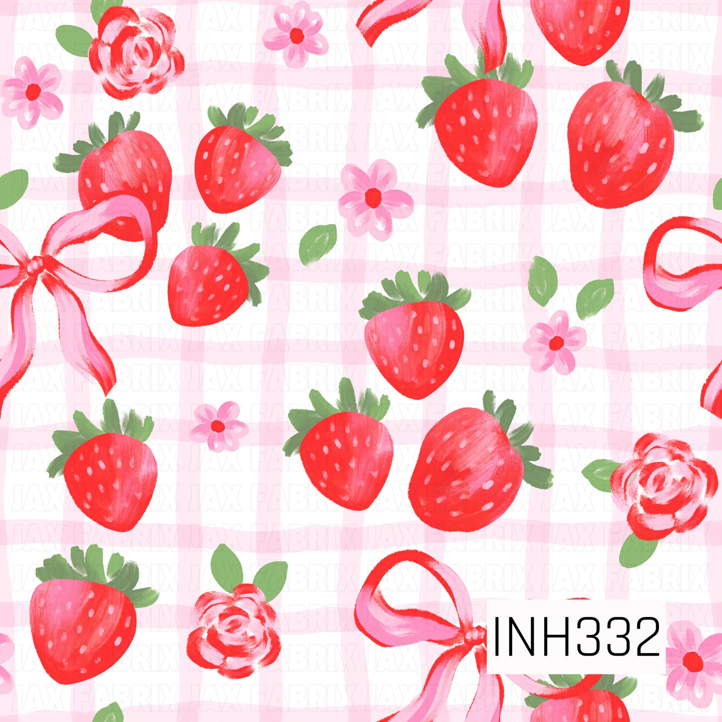 Sweet watercolor strawberries, soft pink ribbon bows, delicate blossoms, and painted roses scattered across a blush pink gingham background, creating a charming vintage berry garden design.
