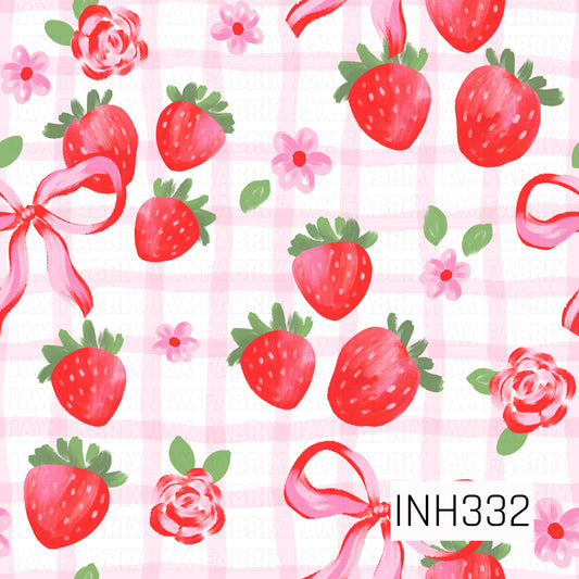 Sweet watercolor strawberries, soft pink ribbon bows, delicate blossoms, and painted roses scattered across a blush pink gingham background, creating a charming vintage berry garden design.
