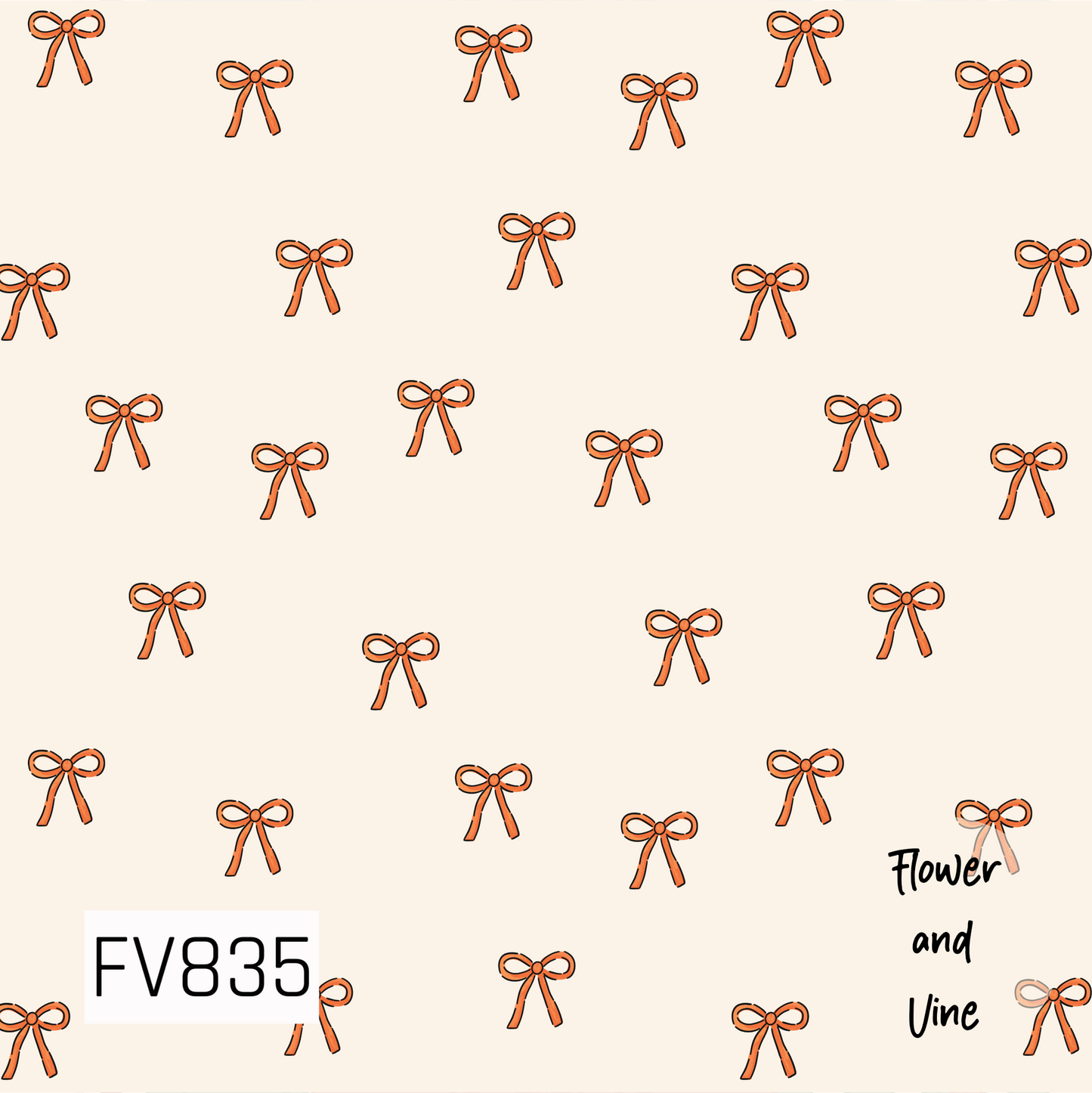 A sweet, simple bow print featuring dainty hand-drawn orange ribbon bows scattered across a warm cream background. The delicate black outlines give the bows a charming sketched look, while the spacious layout keeps the design light, playful, and versatile.
