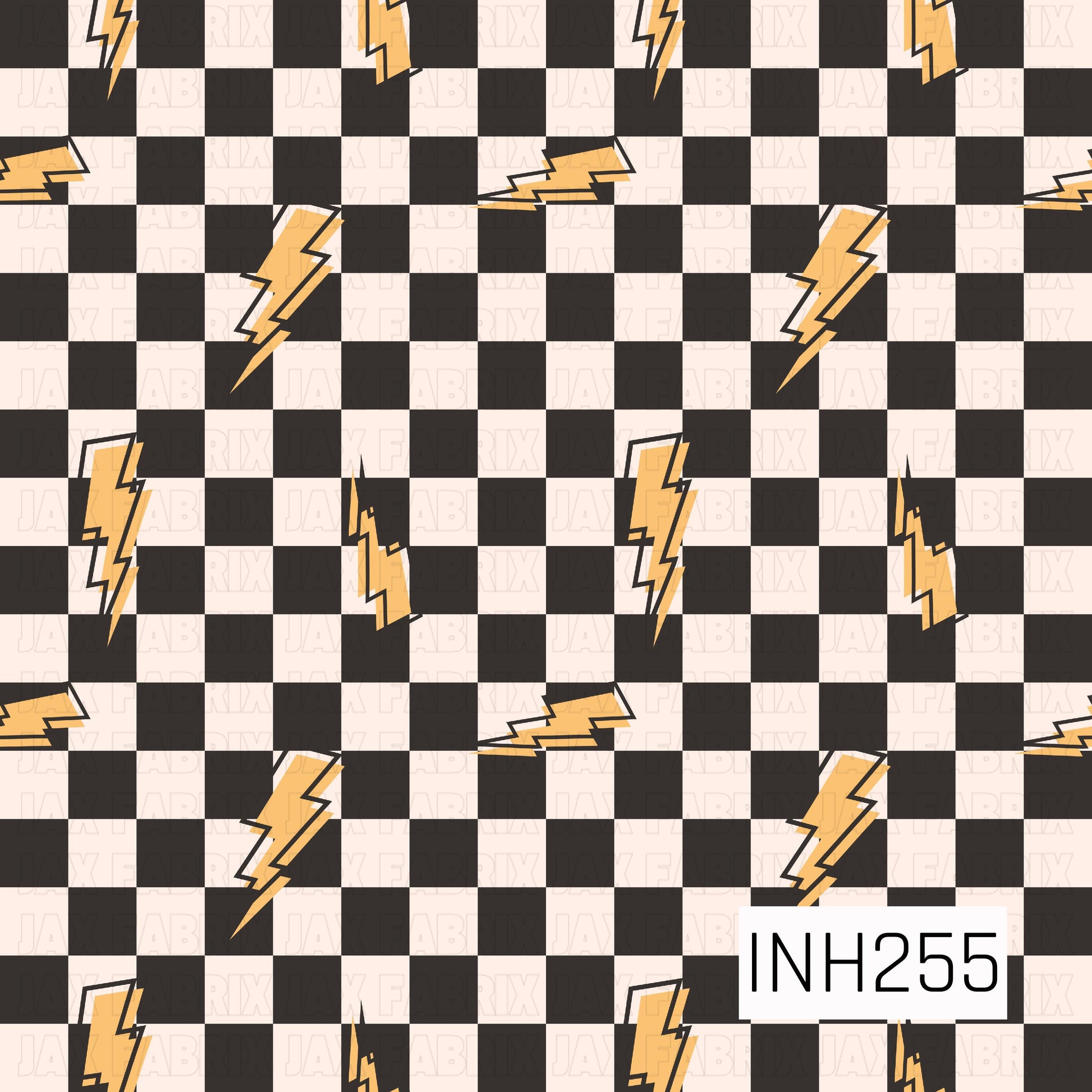 Black and cream checkered background with scattered golden yellow lightning bolts outlined in black. A fun, high-energy design that's perfect for superhero, racing, sports, or adventure-themed projects.
