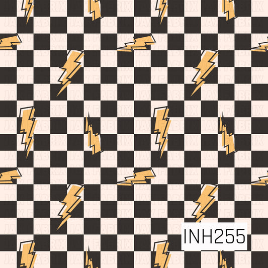 Black and cream checkered background with scattered golden yellow lightning bolts outlined in black. A fun, high-energy design that's perfect for superhero, racing, sports, or adventure-themed projects.
