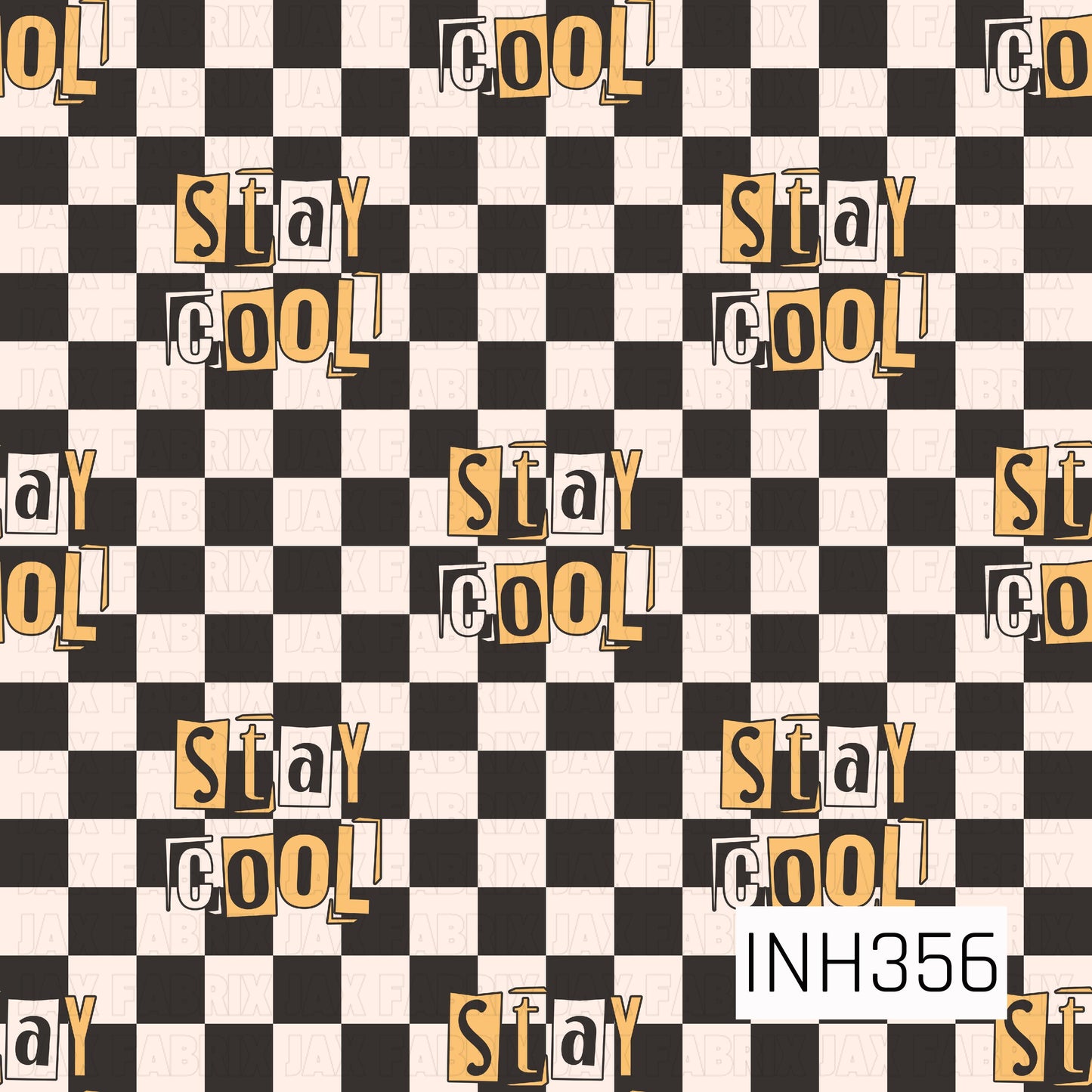 Black and cream checkered background featuring scattered "Stay Cool" typography in a fun mixed-font style with golden yellow, black, and white lettering. A playful design that's perfect for trendy kids' apparel, accessories, and everyday projects.
