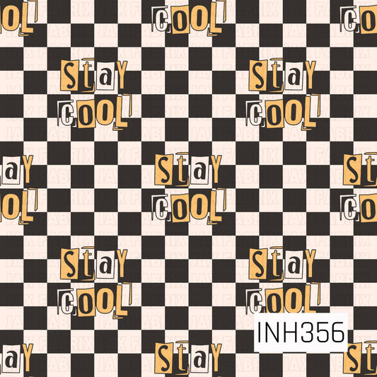 Black and cream checkered background featuring scattered "Stay Cool" typography in a fun mixed-font style with golden yellow, black, and white lettering. A playful design that's perfect for trendy kids' apparel, accessories, and everyday projects.
