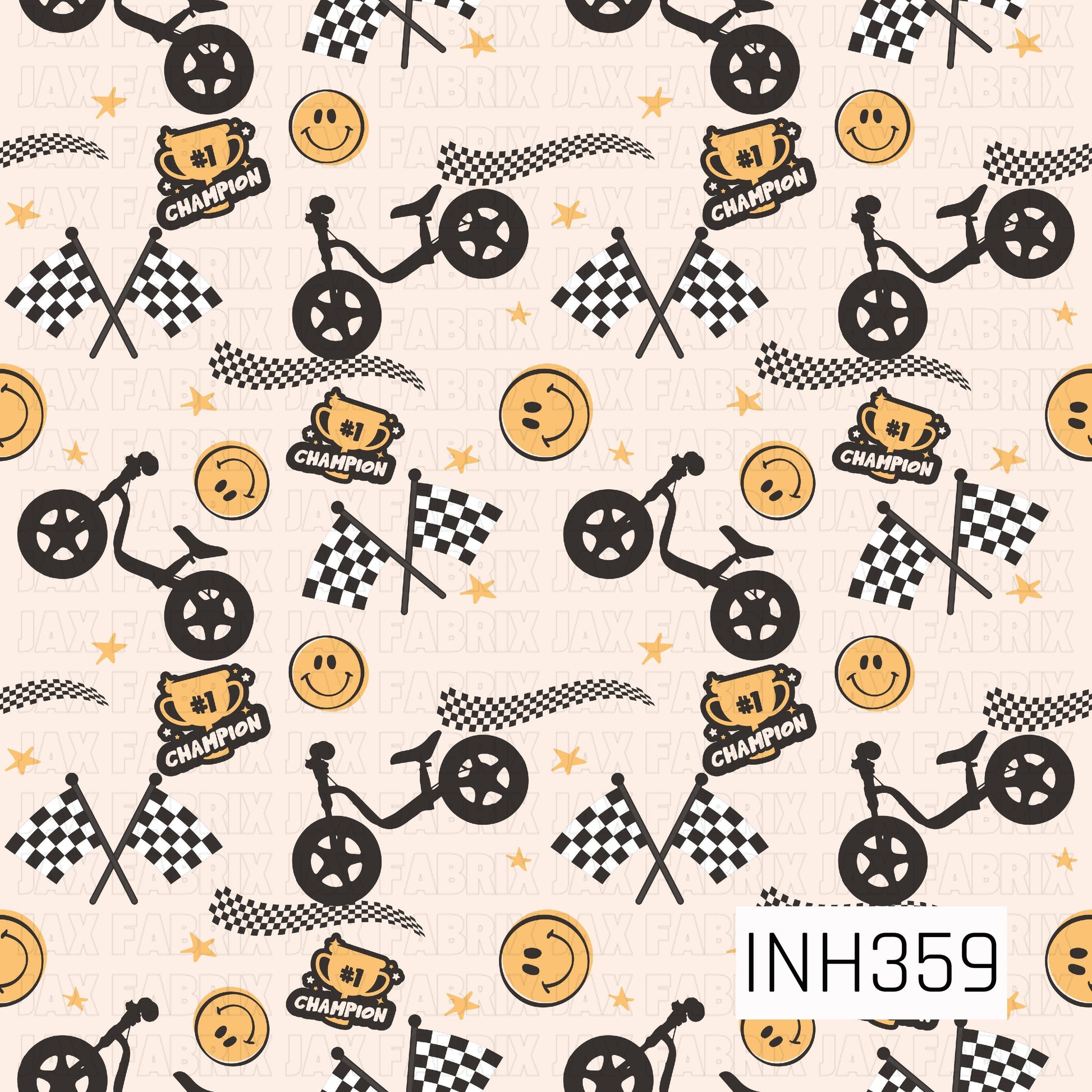 A playful racing-themed pattern featuring black bicycles, checkered racing flags, #1 champion trophies, smiley faces, wavy checkered banners, and scattered gold stars on a light cream background. The black, white, and golden yellow color palette gives it a fun retro race-day vibe.
