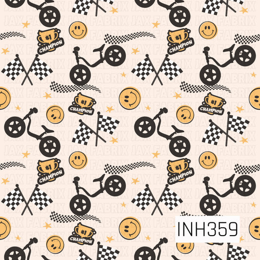 A playful racing-themed pattern featuring black bicycles, checkered racing flags, #1 champion trophies, smiley faces, wavy checkered banners, and scattered gold stars on a light cream background. The black, white, and golden yellow color palette gives it a fun retro race-day vibe.
