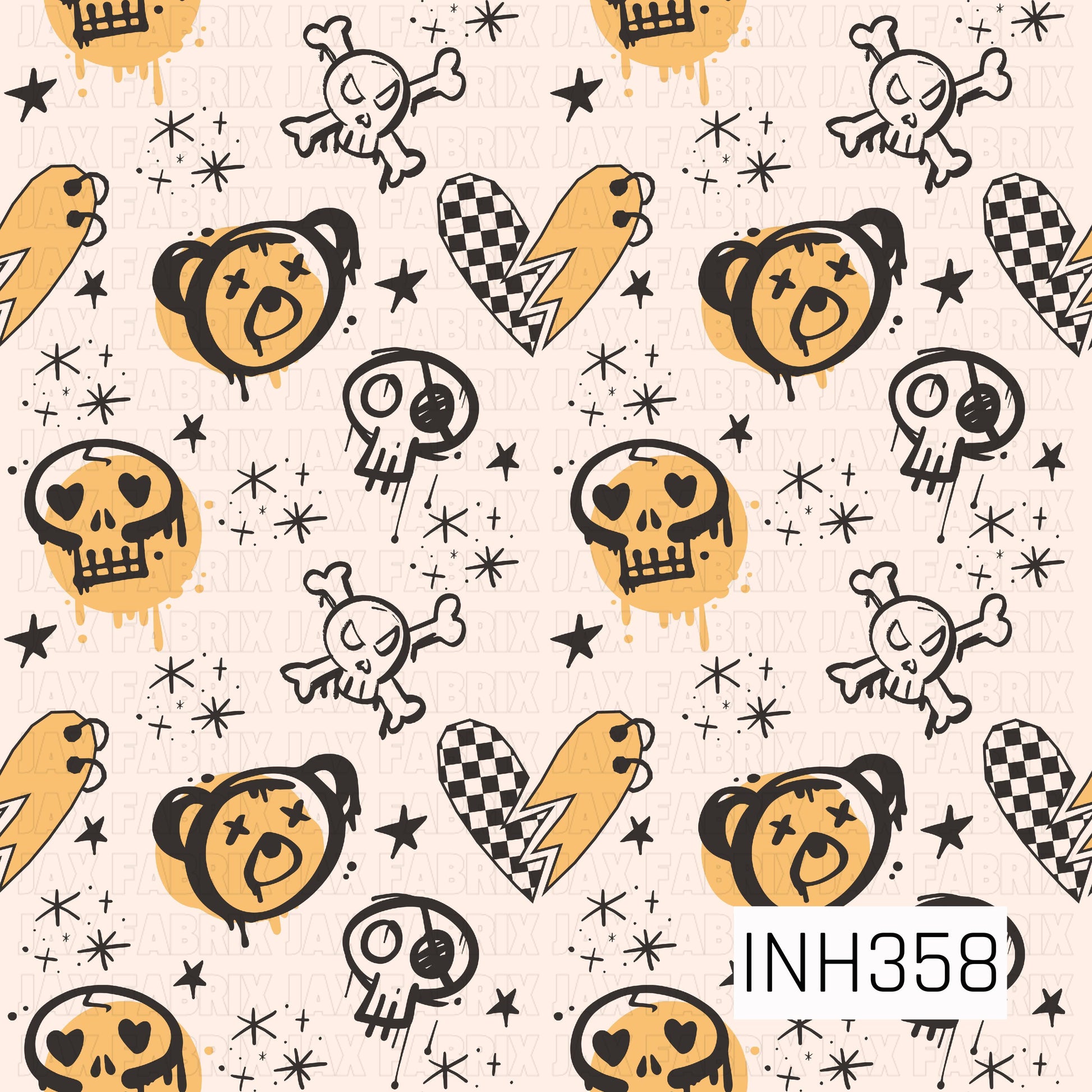 Cream background with scattered hand-drawn golden yellow and black doodles, including bears, skulls, crossbones, lightning bolts, stars, and sparkles in a playful grunge style.
