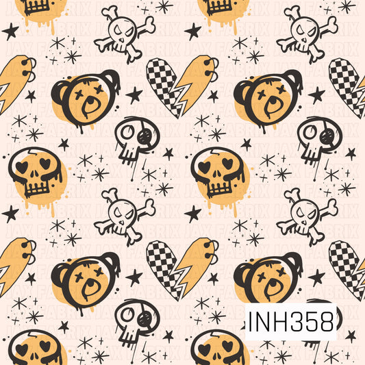 Cream background with scattered hand-drawn golden yellow and black doodles, including bears, skulls, crossbones, lightning bolts, stars, and sparkles in a playful grunge style.
