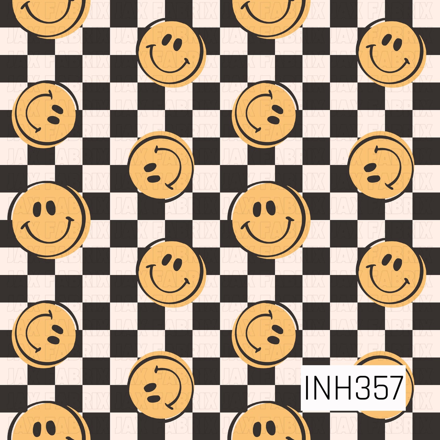 Black and cream checkered background with scattered golden yellow smiley faces in assorted playful angles, creating a fun retro-inspired pattern.
