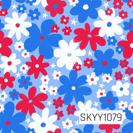 Pattern of red, blue, and white flowers on a blue background 
