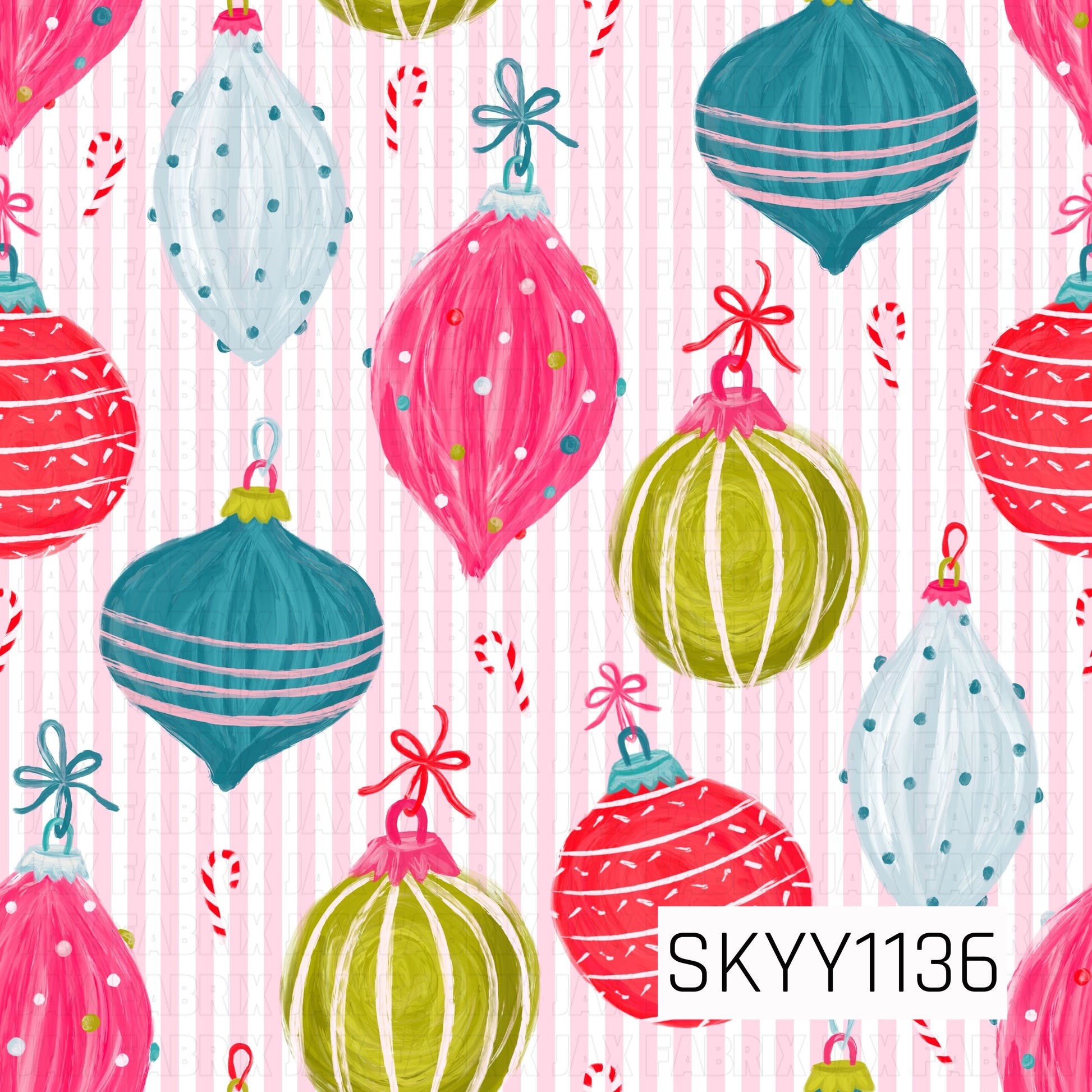 A bright and playful Christmas pattern featuring hand-painted ornaments in vibrant pink, teal, red, lime green, and icy blue. The ornaments are decorated with stripes and polka dots and scattered among tiny candy canes, bows, and colorful confetti, all set against a soft pink and white striped background.

