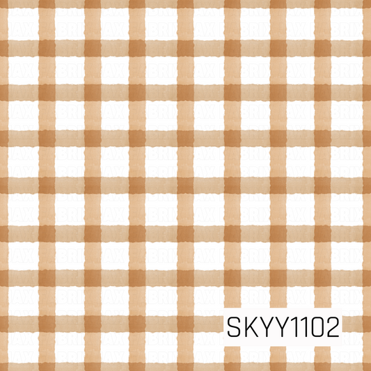 A classic watercolor gingham featuring warm tan and caramel brown checks on a crisp white background. The soft hand-painted texture gives this timeless plaid a cozy, neutral look that's perfect for year-round designs.
