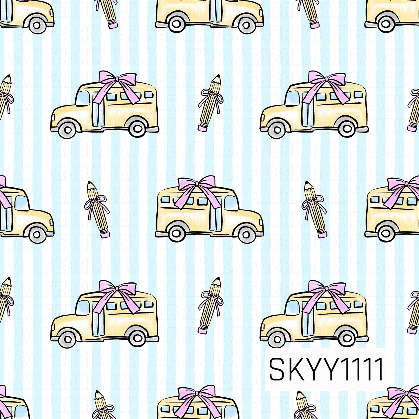 A sweet back-to-school pattern featuring vintage school buses with pink bows and ribbon-tied pencils scattered over soft blue watercolor stripes on a crisp white background. The pastel colors create a charming coquette-inspired design.
