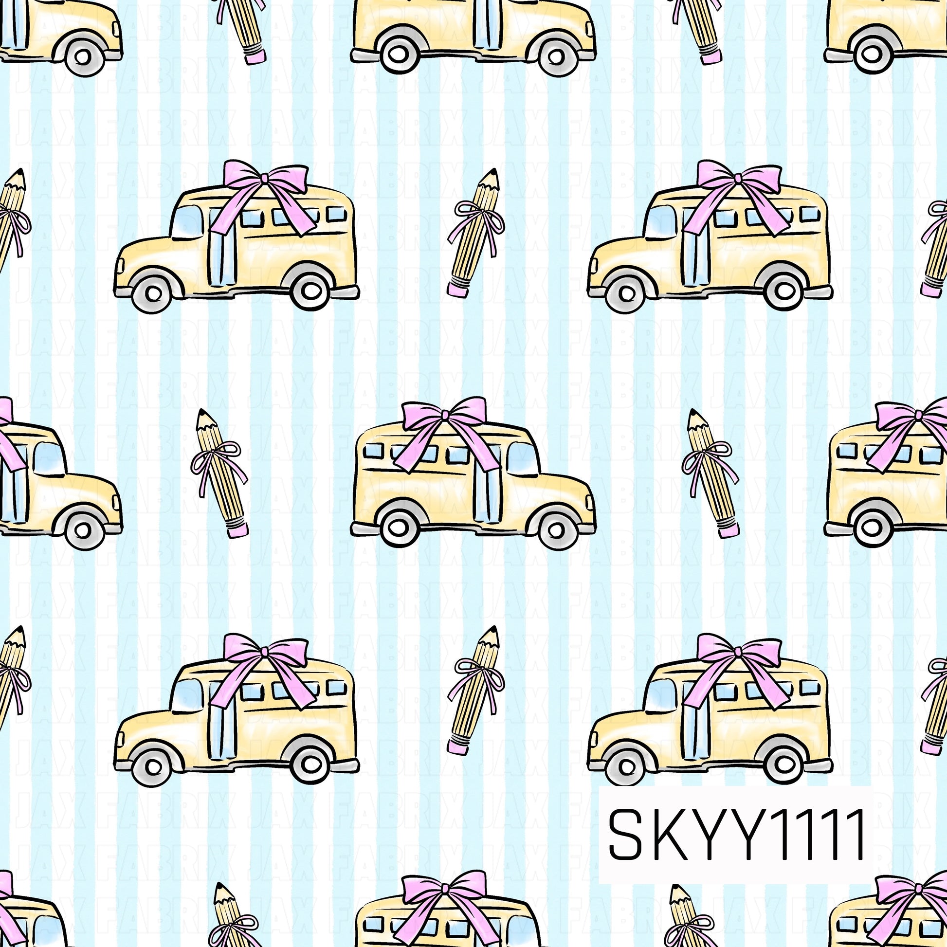 A sweet back-to-school pattern featuring vintage school buses with pink bows and ribbon-tied pencils scattered over soft blue watercolor stripes on a crisp white background. The pastel colors create a charming coquette-inspired design.
