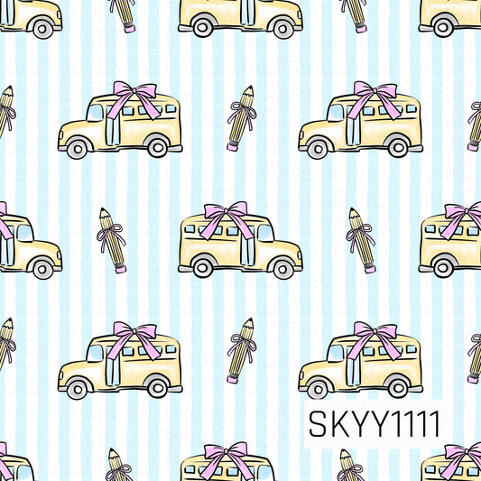 A sweet back-to-school pattern featuring vintage school buses with pink bows and ribbon-tied pencils scattered over soft blue watercolor stripes on a crisp white background. The pastel colors create a charming coquette-inspired design.
