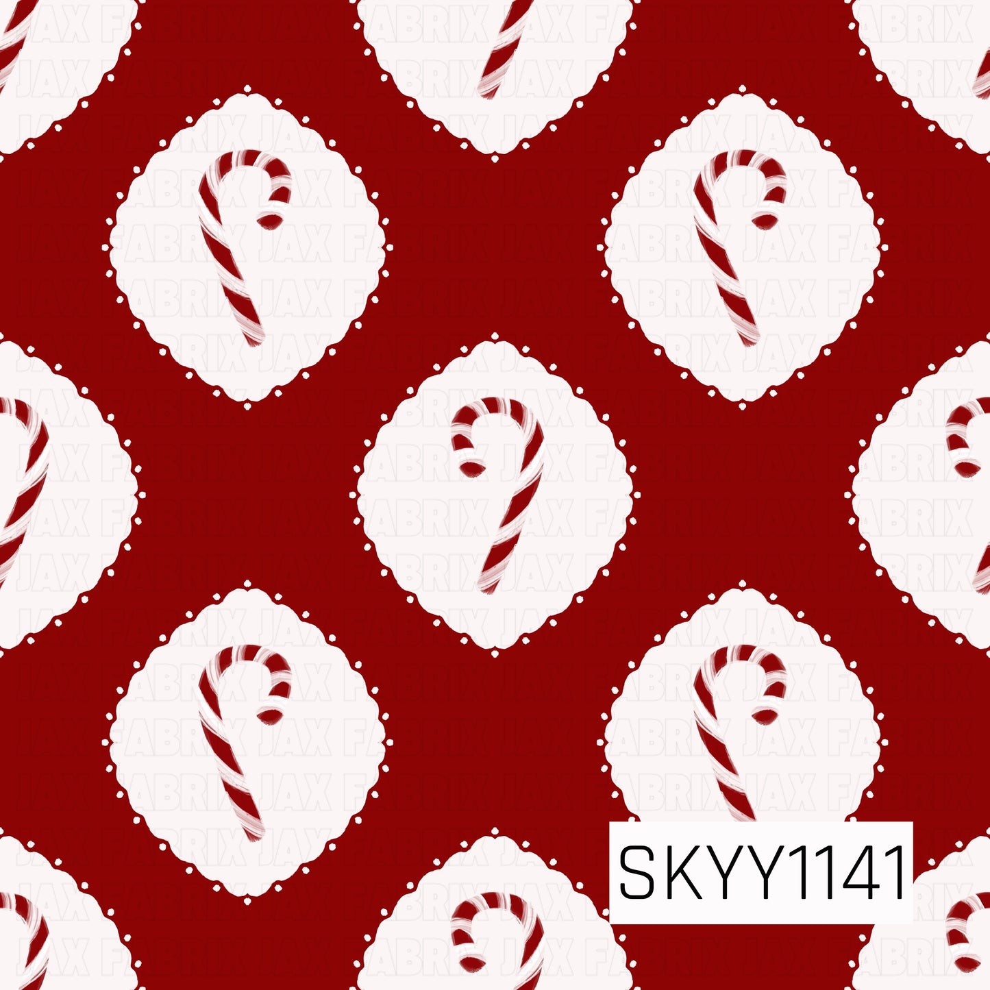 A festive Christmas pattern featuring classic red and white candy canes centered inside scalloped white medallions. The motifs are arranged across a rich red background, creating a simple, sweet holiday design with a charming hand-drawn feel.
