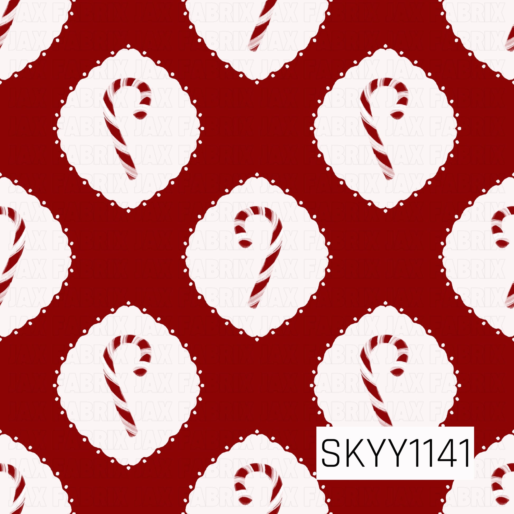 A festive Christmas pattern featuring classic red and white candy canes centered inside scalloped white medallions. The motifs are arranged across a rich red background, creating a simple, sweet holiday design with a charming hand-drawn feel.
