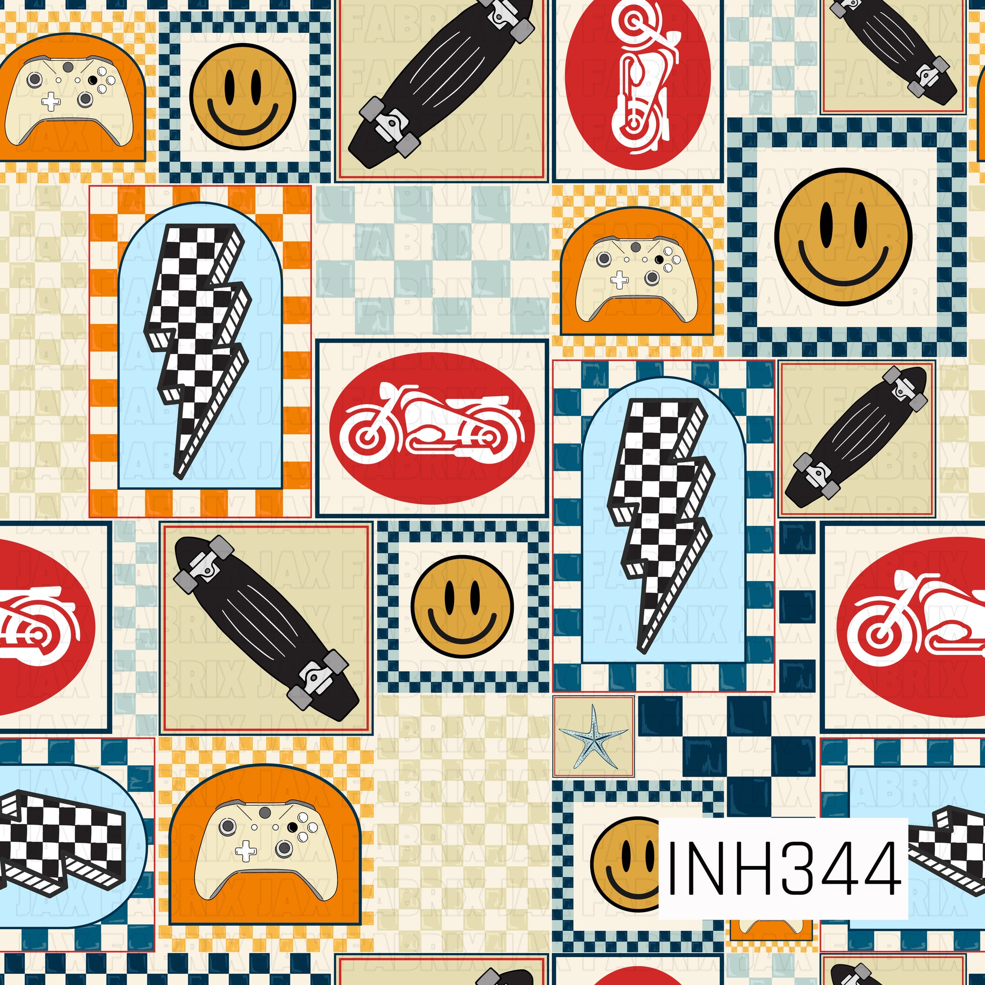 A bold retro patchwork pattern featuring skateboards, gaming controllers, motorcycles, smiley faces, lightning bolts, and checkered motifs arranged in a collage of geometric panels. Layered checkerboard textures in yellow, black, blue, tan, and cream create a vintage streetwear aesthetic, while the mix of skating, gaming, and racing-inspired elements gives the design an energetic, edgy, and youthful vibe.
