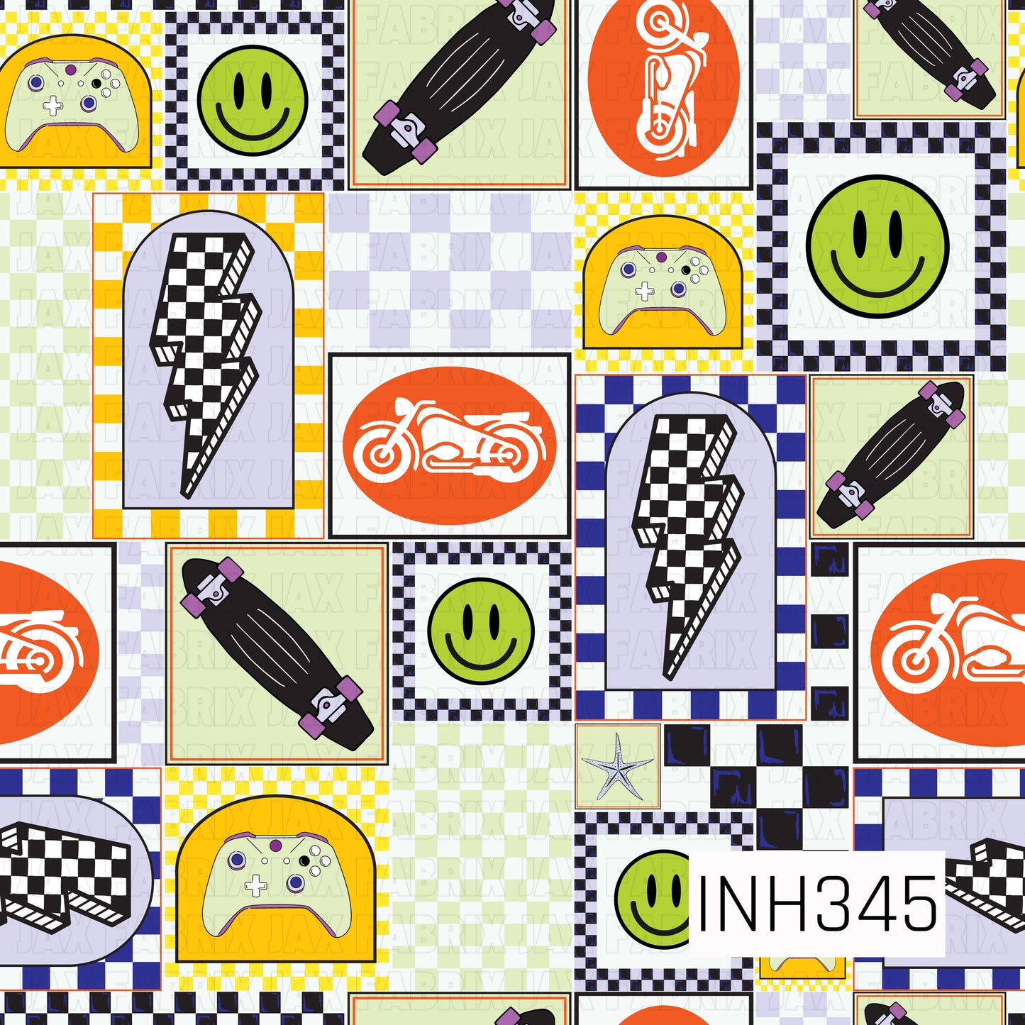 A bold retro patchwork pattern featuring skateboards, gaming controllers, motorcycles, smiley faces, lightning bolts, and checkered motifs arranged in a collage of geometric panels. Layered checkerboard textures in lime green, yellow, navy, lavender, black, and cream create a vibrant streetwear-inspired aesthetic, while the mix of skating, gaming, and racing elements gives the design an energetic, playful, and youthful vibe.
