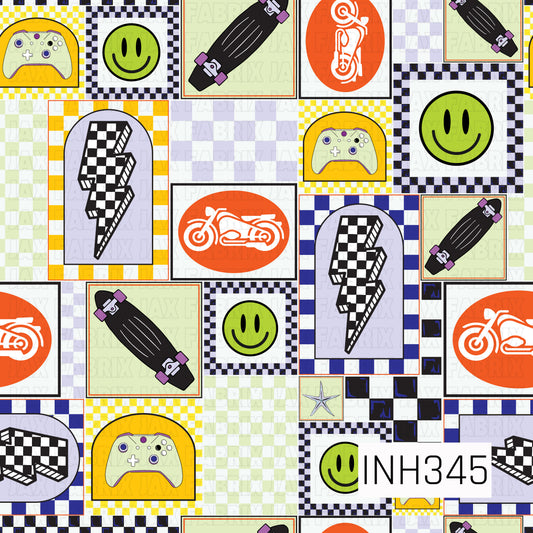 A bold retro patchwork pattern featuring skateboards, gaming controllers, motorcycles, smiley faces, lightning bolts, and checkered motifs arranged in a collage of geometric panels. Layered checkerboard textures in lime green, yellow, navy, lavender, black, and cream create a vibrant streetwear-inspired aesthetic, while the mix of skating, gaming, and racing elements gives the design an energetic, playful, and youthful vibe.
