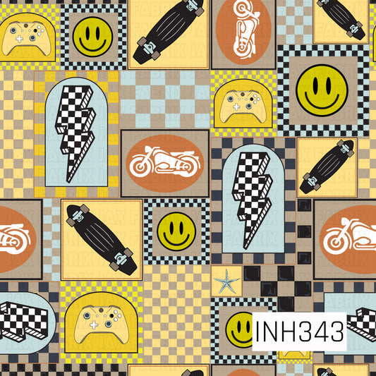 A bold retro patchwork pattern featuring skateboards, gaming controllers, motorcycles, smiley faces, lightning bolts, and checkered motifs arranged in a collage of geometric panels. Layered checkerboard textures in yellow, black, blue, tan, and cream create a vintage streetwear aesthetic, while the mix of skating, gaming, and racing-inspired elements gives the design an energetic, edgy, and youthful vibe.
