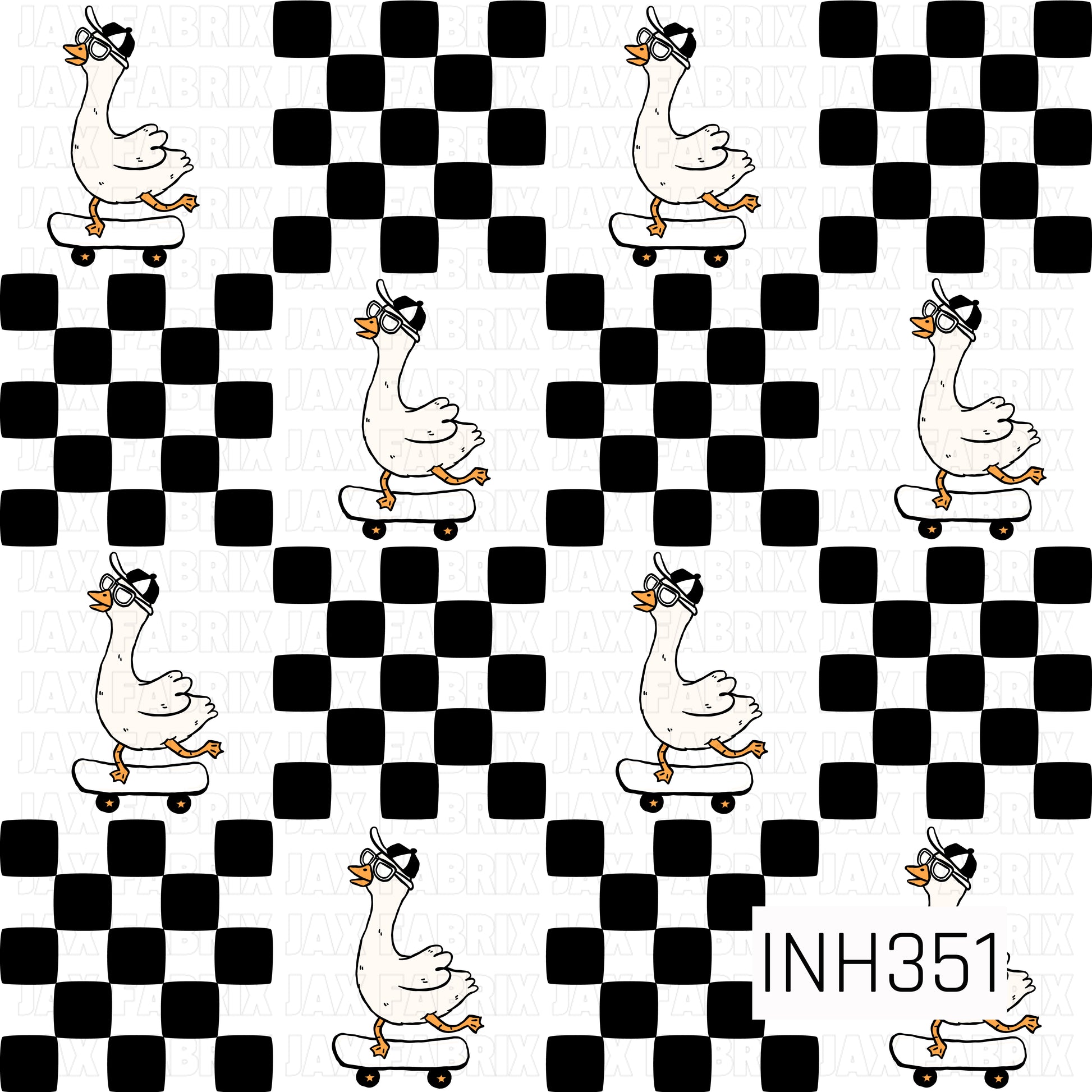 A fun pattern featuring skateboarding geese in sunglasses and caps paired with bold black-and-white checkerboard blocks. The playful design combines a retro skater vibe with whimsical animal charm.
