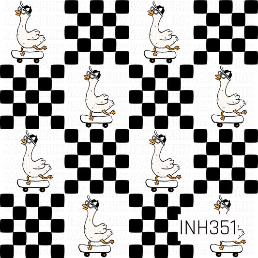 A fun pattern featuring skateboarding geese in sunglasses and caps paired with bold black-and-white checkerboard blocks. The playful design combines a retro skater vibe with whimsical animal charm.
