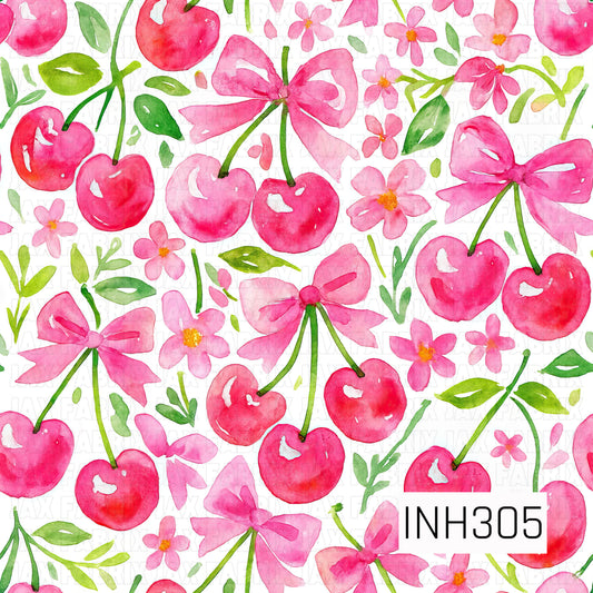 a pattern of pink cherries and bows on top of each one. flowers in the background and white behind it all