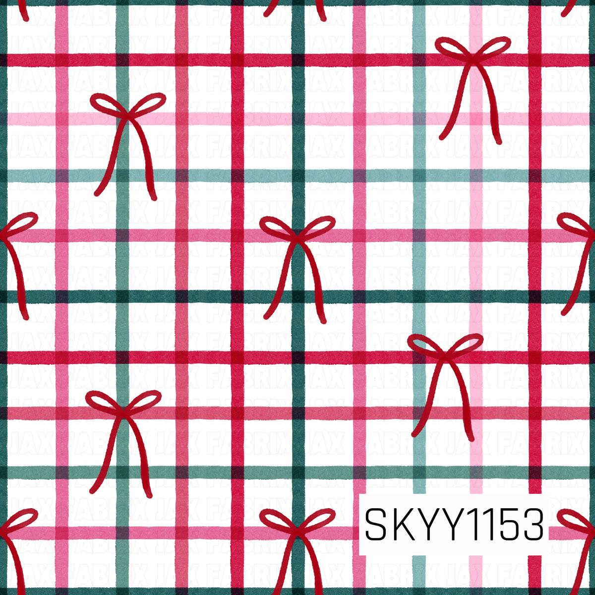A festive plaid pattern featuring hand-drawn stripes in classic Christmas shades of red, pink, teal, and soft blue on a white background. Simple red bows are scattered throughout, adding a sweet, playful touch to the traditional holiday plaid.
