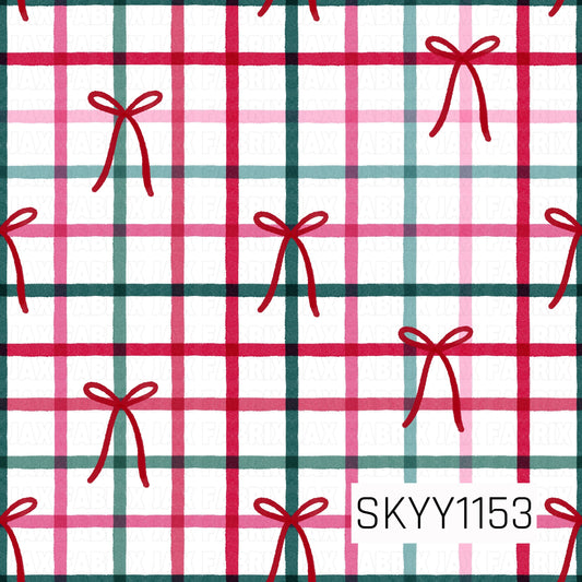 A festive plaid pattern featuring hand-drawn stripes in classic Christmas shades of red, pink, teal, and soft blue on a white background. Simple red bows are scattered throughout, adding a sweet, playful touch to the traditional holiday plaid.
