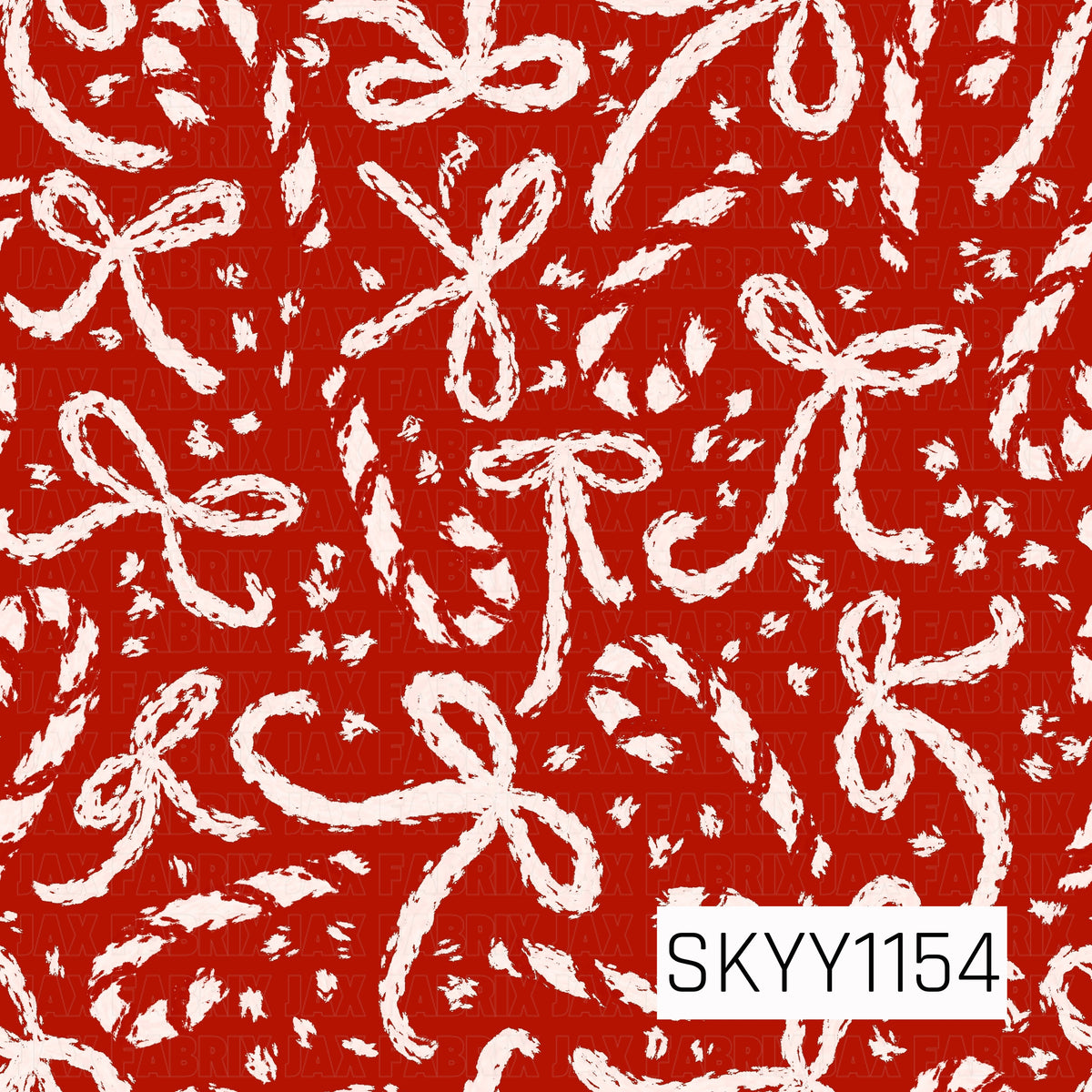 A bold Christmas pattern featuring loosely hand-painted white bows scattered across a vibrant red background. Small abstract brushstroke accents fill the spaces between the bows, giving the design a playful, textured, hand-drawn feel.
