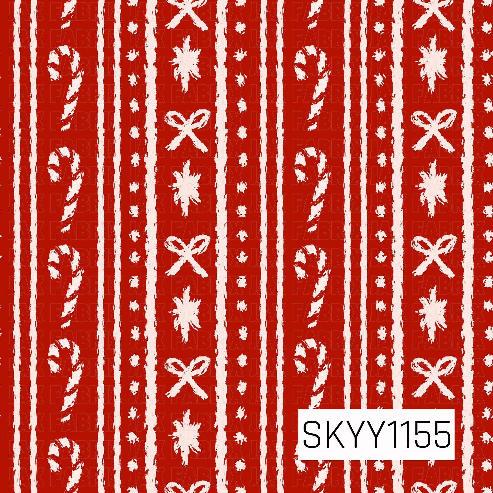 A festive hand-drawn Christmas pattern featuring cream candy canes, dainty bows, starbursts, and scattered dots arranged in vertical rows on a bright red background. The textured brushstroke style gives the design a cozy, whimsical holiday feel.
