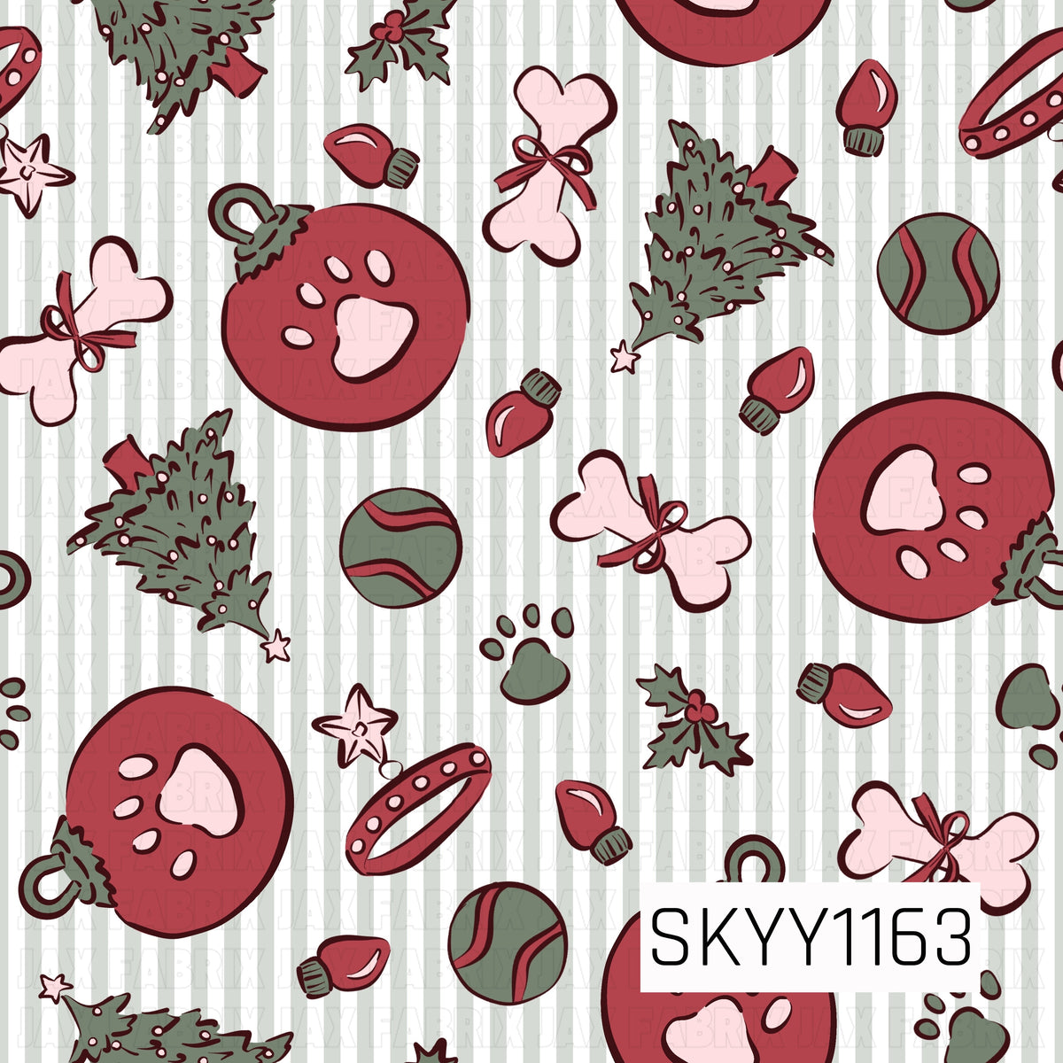 A playful Christmas pet pattern featuring paw print ornaments, dog bones tied with bows, tennis balls, collars, Christmas trees, holly, and festive lights. A muted red, sage green, and soft pink palette sits over subtle vertical stripes for a fun holiday look made for dog lovers.