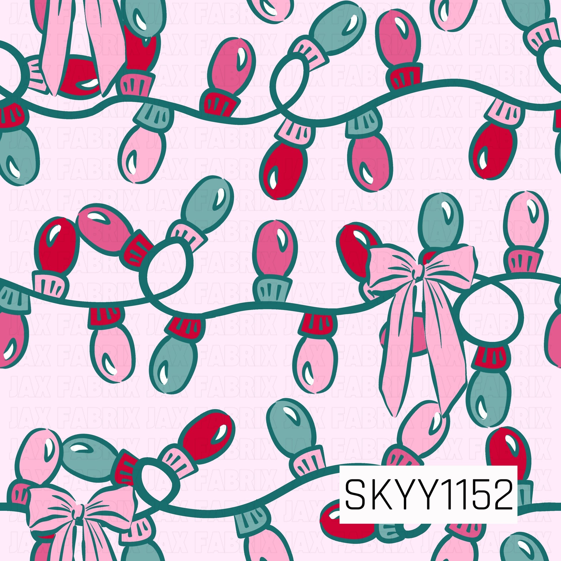 A playful holiday pattern featuring oversized strands of Christmas lights in bright red, pink, and teal. Flowing dark teal cords weave throughout the design with sweet pink bows tied between the colorful bulbs, all set against a soft blush pink background.
