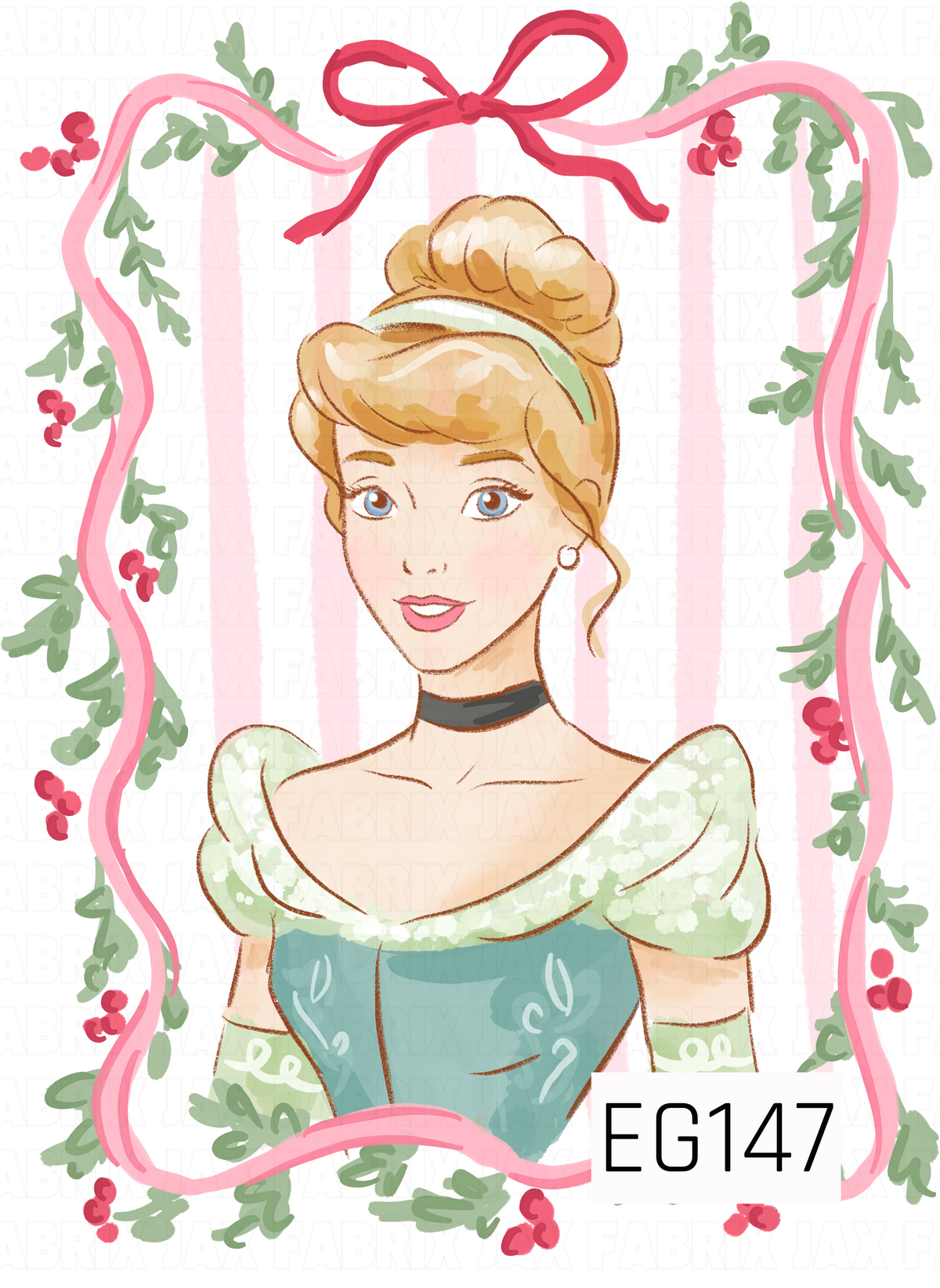 A sweet storybook princess design featuring a blonde princess in a blue-green gown, framed by pink ribbon, trailing greenery, and red berries. Soft pastel colors give it a charming fairytale feel.

