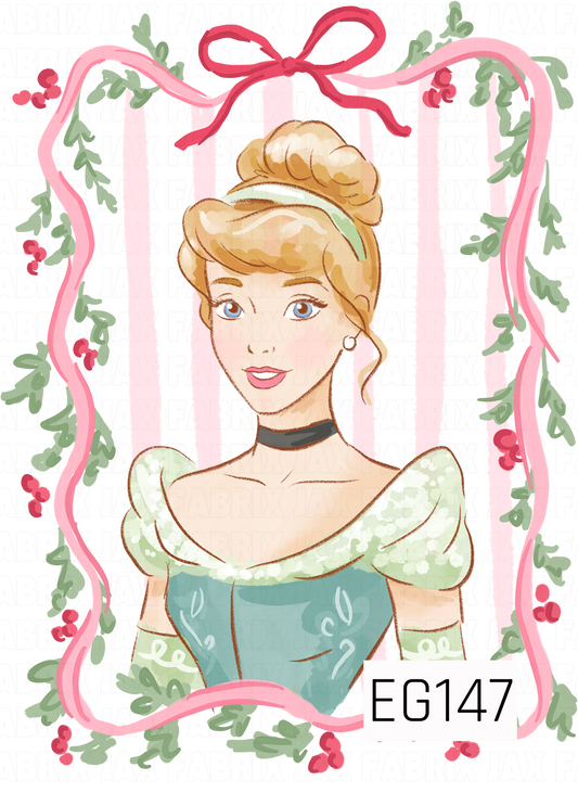 A sweet storybook princess design featuring a blonde princess in a blue-green gown, framed by pink ribbon, trailing greenery, and red berries. Soft pastel colors give it a charming fairytale feel.
