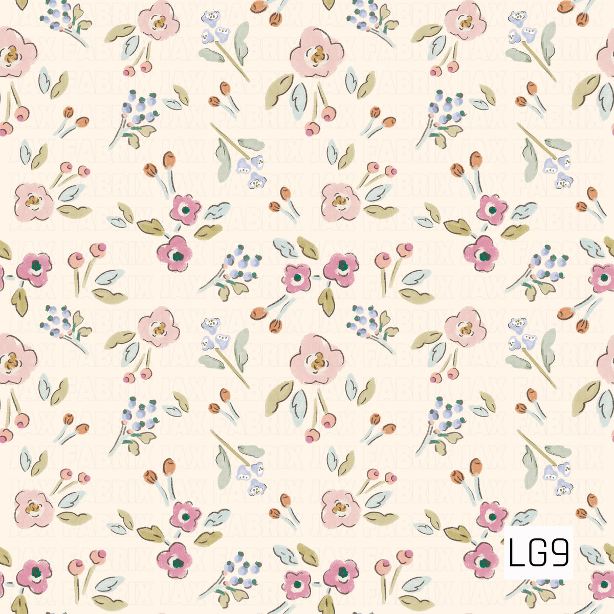 A delicate watercolor floral pattern featuring scattered blush pink blooms, tiny blue flowers, berry sprigs, soft green leaves, and warm peach accents on a creamy ivory background. The loose hand-painted style gives it a sweet, vintage-inspired feel.