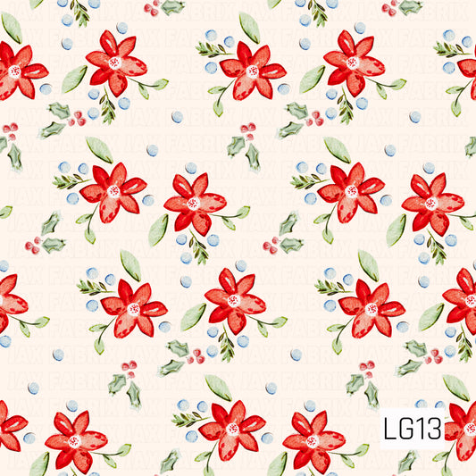 A delicate watercolor Christmas floral pattern featuring vibrant red five-petal flowers with soft pink accents and speckled white centers. Scattered throughout are sage green leaves, delicate greenery sprigs, holly leaves with red berries, and soft dusty blue berries. Set against a warm ivory background, the hand-painted details create a charming, festive botanical design with a soft, whimsical feel.